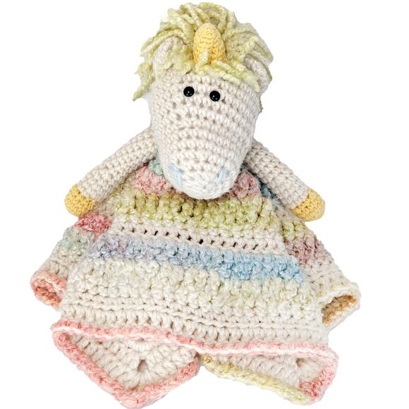 Crochet Unicorn Lovey Security Blanket Handmade Pastel Rainbow Baby Plush 16" - Picture 1 of 11